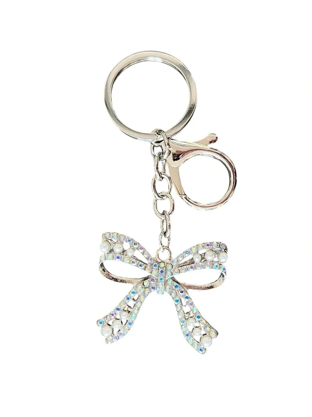Silver Bow Allover Aurora Borealis Rhinestone Pearl Coquette Bag Charm Keychain